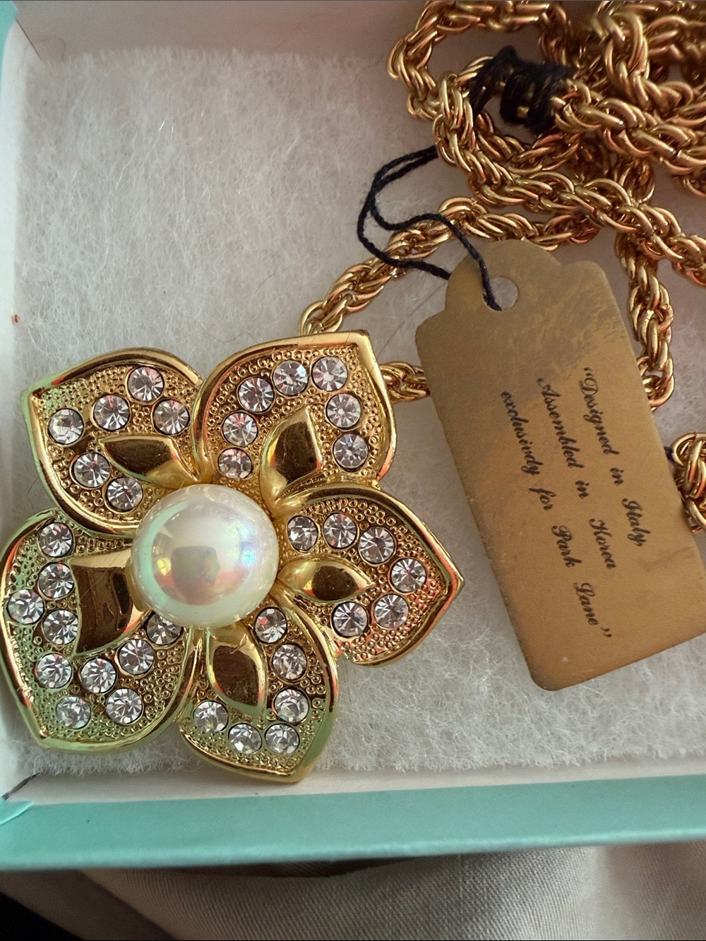Park Lane Gold Flower Pendant Necklace with Pearl and Clear Crystals